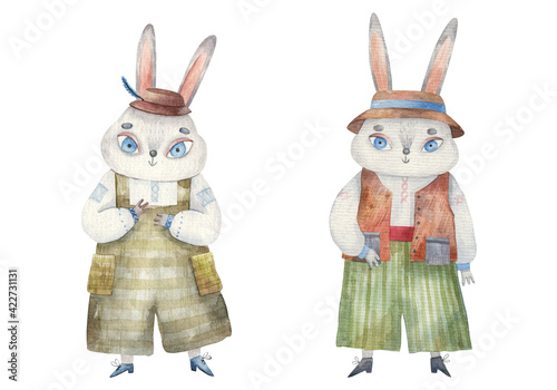 set of easter cute male rabbits cute baby watercolor illustration