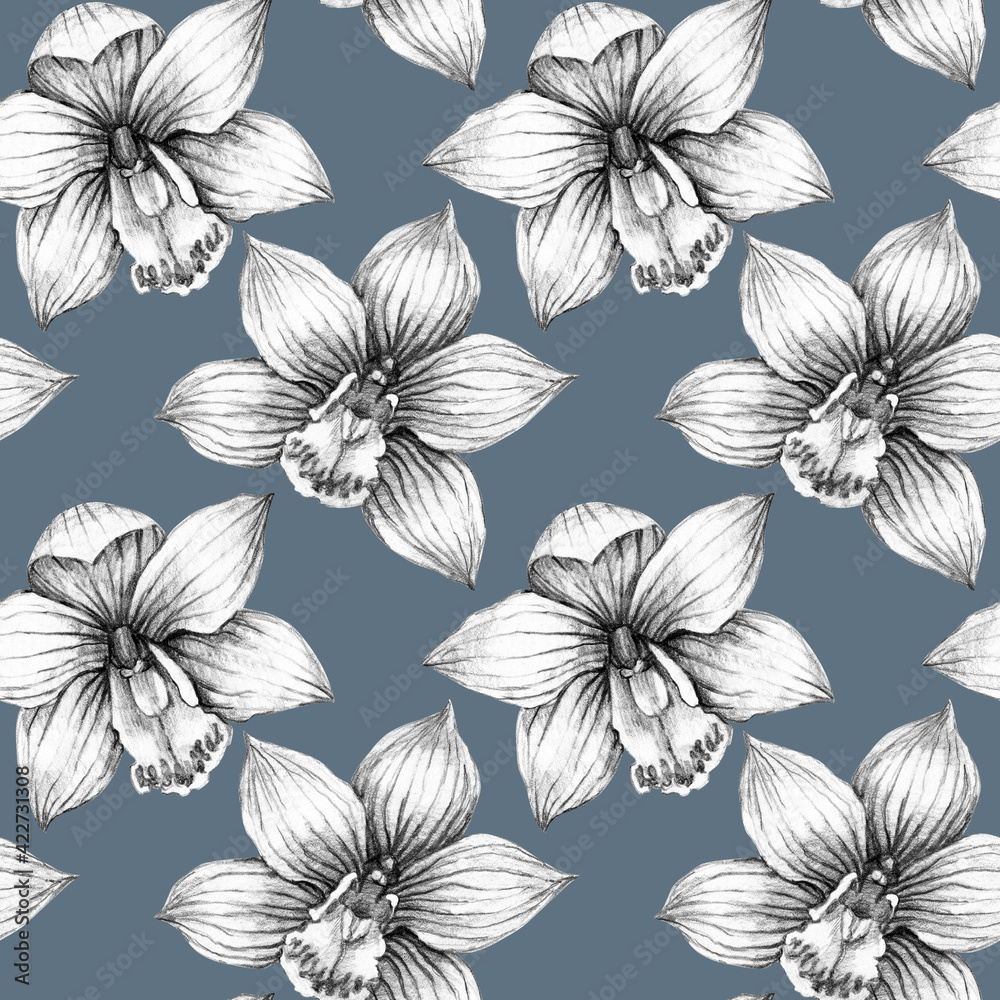 Seamless pattern with flower orchid. Pencil drawing illustration. The print is used for Wallpaper design, fabric, textile, packaging.