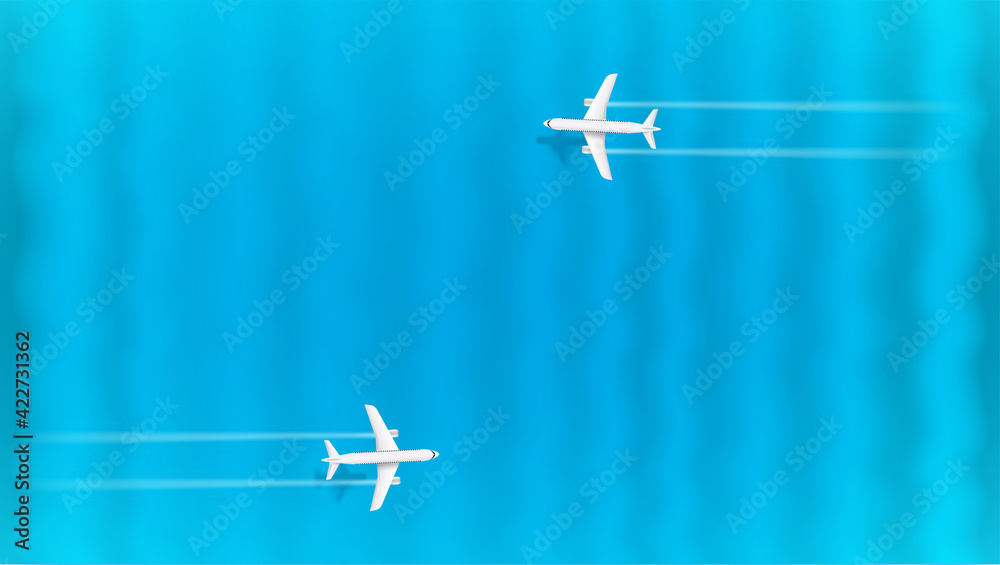 Jetliners flying above the blue waves of ocean. Horizontal banner for design with copyspace Jetliners flying above the blue waves of ocean. Horizontal banner for design with copyspace