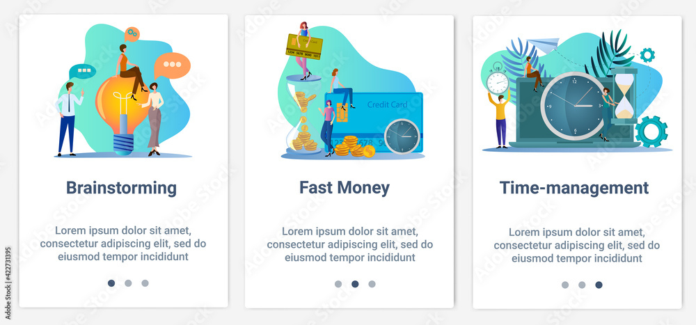 Modern flat illustrations in the form of a slider for web design. A set of UI and UX interfaces for the user interface.Brainstorming,fast money, and time management.