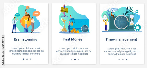 Modern flat illustrations in the form of a slider for web design. A set of UI and UX interfaces for the user interface.Brainstorming fast money  and time management.