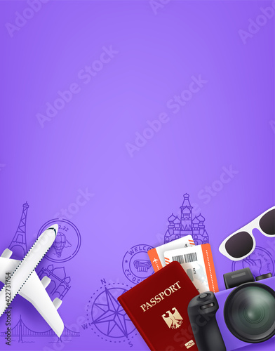 Violet concept with different travel staff. Passport, digital camera, tickets, sunglasses