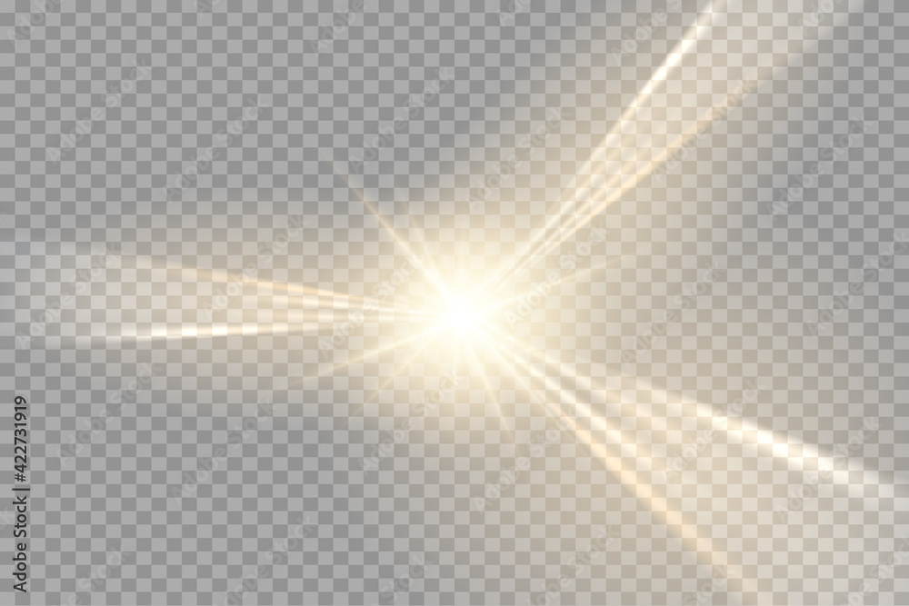 Light flare special effect with rays of light and magic sparkles. Glow transparent vector light effect set, explosion, glitter, spark, sun flash.