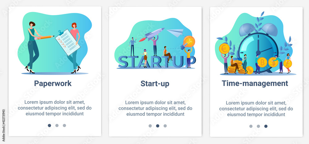 Modern flat illustrations in the form of a slider for web design. A set of UI and UX interfaces for the user interface.Office management, startup and time management. Modern flat illustrations in the form of a slider for web design. A set of UI and UX interfaces for the user interface.Office management, startup and time management.