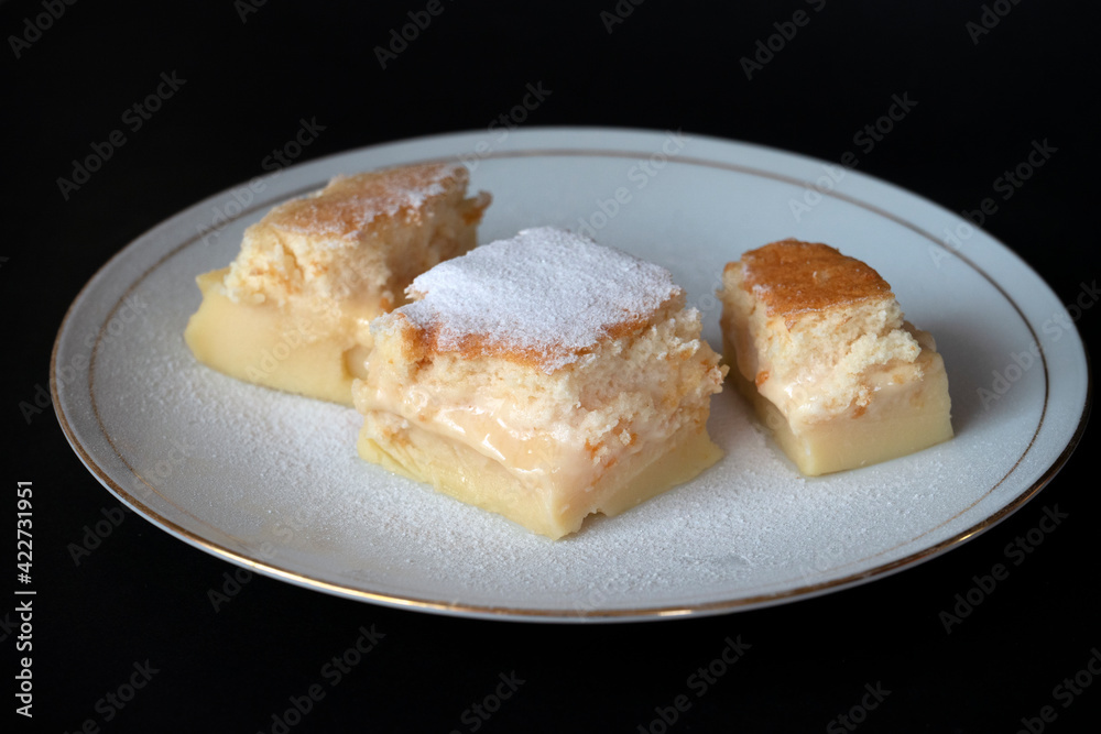 Homemade fresh baked magic cake; a French recipe called Homemade fresh baked magic cake; a French recipe called