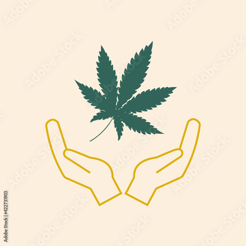 Cannabis legalization. Hands are holding a marijuana leaf. Trending colors. Cultivation and Medical Uses of the Narcotic Plant. Vector graphics.