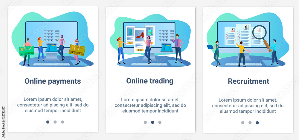 Modern flat illustrations in the form of a slider for web design. A set of UI and UX interfaces for the user interface.Topic Online payments, sales and recruitment.