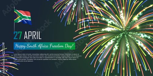 Happy South Africa Freedom Day banner template. Independence national holiday celebration festive backdrop, poster, greeting, invitation card with colorful fireworks realistic vector illustration