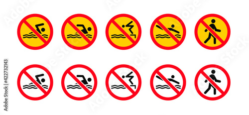 Forbidden admittance no swimming, jumping or diving into water. White and yellow signboard