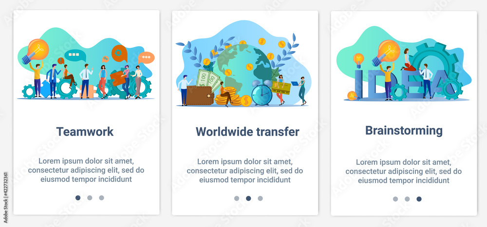 Modern flat illustrations in the form of a slider for web design. A set of UI and UX interfaces for the user interface.The theme is World Transfer, teamwork and brainstorming.