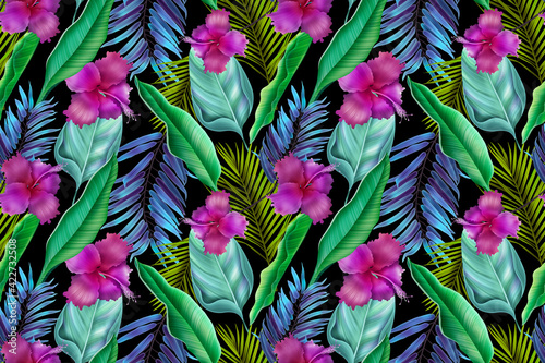 Fototapeta Naklejka Na Ścianę i Meble -  Colourful Seamless Pattern with tropic flowers and leaves.