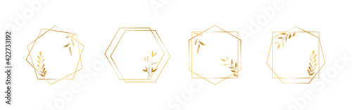 Golden geometric vector frames with leaves. Thin line haxagon borders for luxury premium design