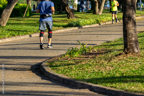 People jogging in the park in summer evening 