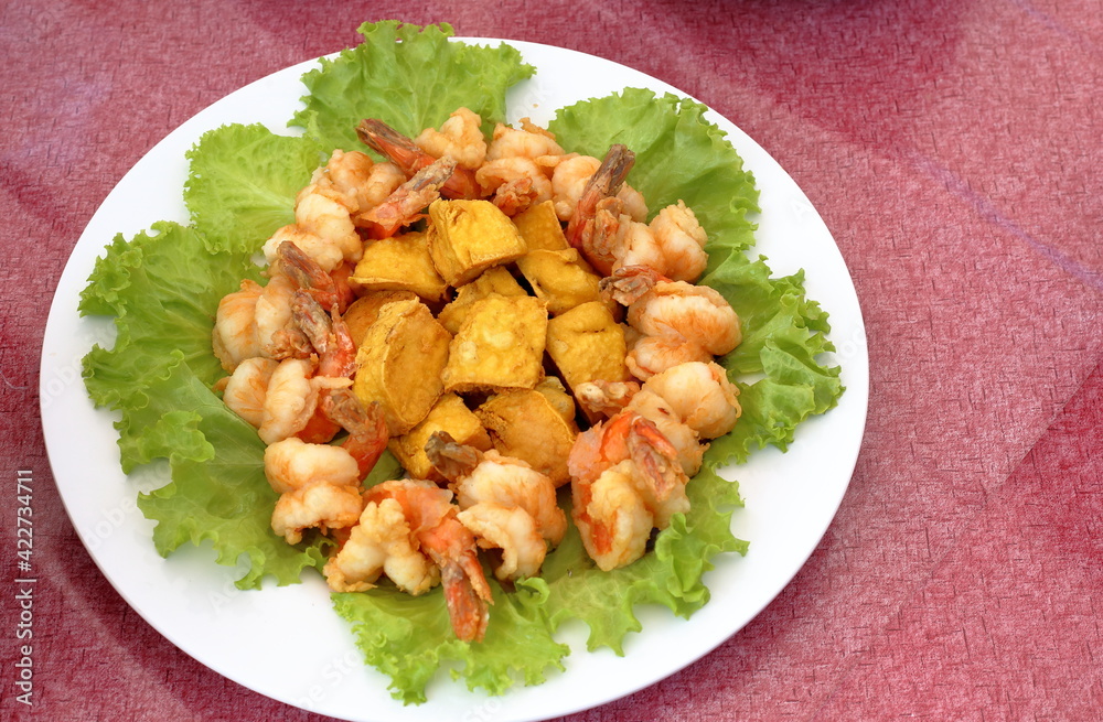 Three flavors of shrimp on a plate Three flavors of shrimp on a plate
