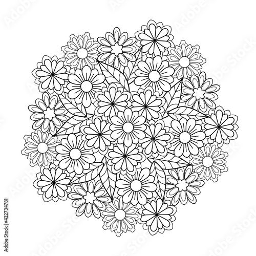 Decorative mandala of different flowers with leaves in the round shape on a white isolated background. For coloring book pages.