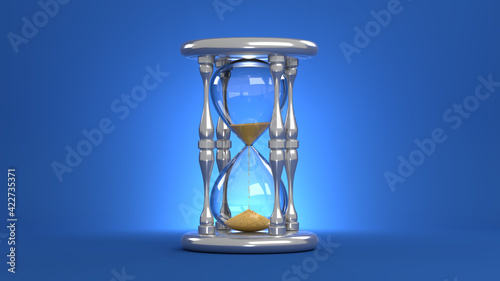 An hourglass on a blue background. Falling yellow sand. 3D-rendering.