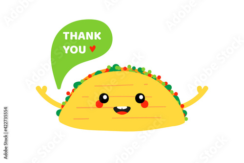 Cute and smiling cartoon style mexican taco character with speech bubble saying thank you, showing appreciation.