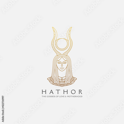 Hathor egyptian goddess with line style logo icon design template. Elegant, Luxury, woman, gold, monoline, flat modern vector illustration photo