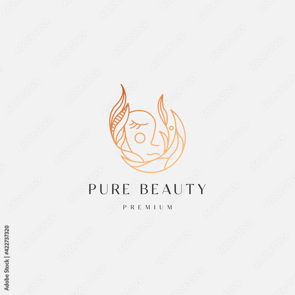 Moon woman floral gradient line style logo icon design template. Elegant, luxury, beauty, cosmetic product, spa, flat modern vector illustration Moon woman floral gradient line style logo icon design template. Elegant, luxury, beauty, cosmetic product, spa, flat modern vector illustration