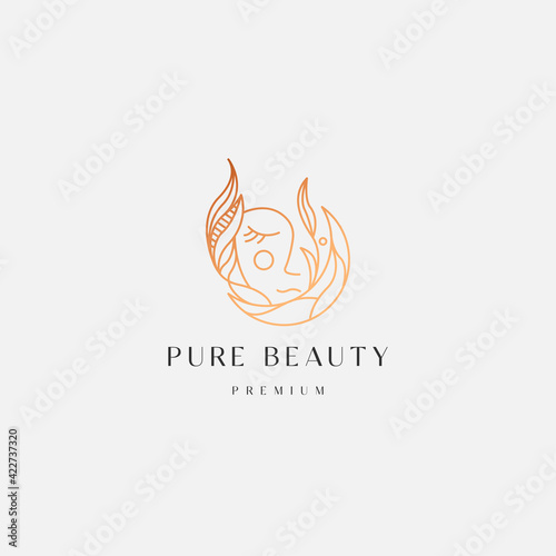 Moon woman floral gradient line style logo icon design template. Elegant, luxury, beauty, cosmetic product, spa, flat modern vector illustration