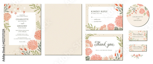 Universal hand drawn floral templates in warm colors perfect for an autumn or summer wedding and birthday invitations, menu and baby shower.