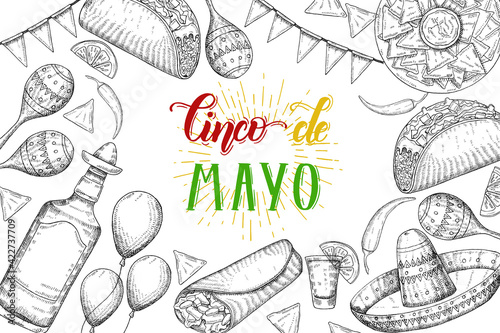 Cinco de Mayo Festive background with  hand drawn symbols - chili pepper, maracas, sombrero, nachos, tacos, burritos, tequila, balloons isolated on white. Hand made lettering.