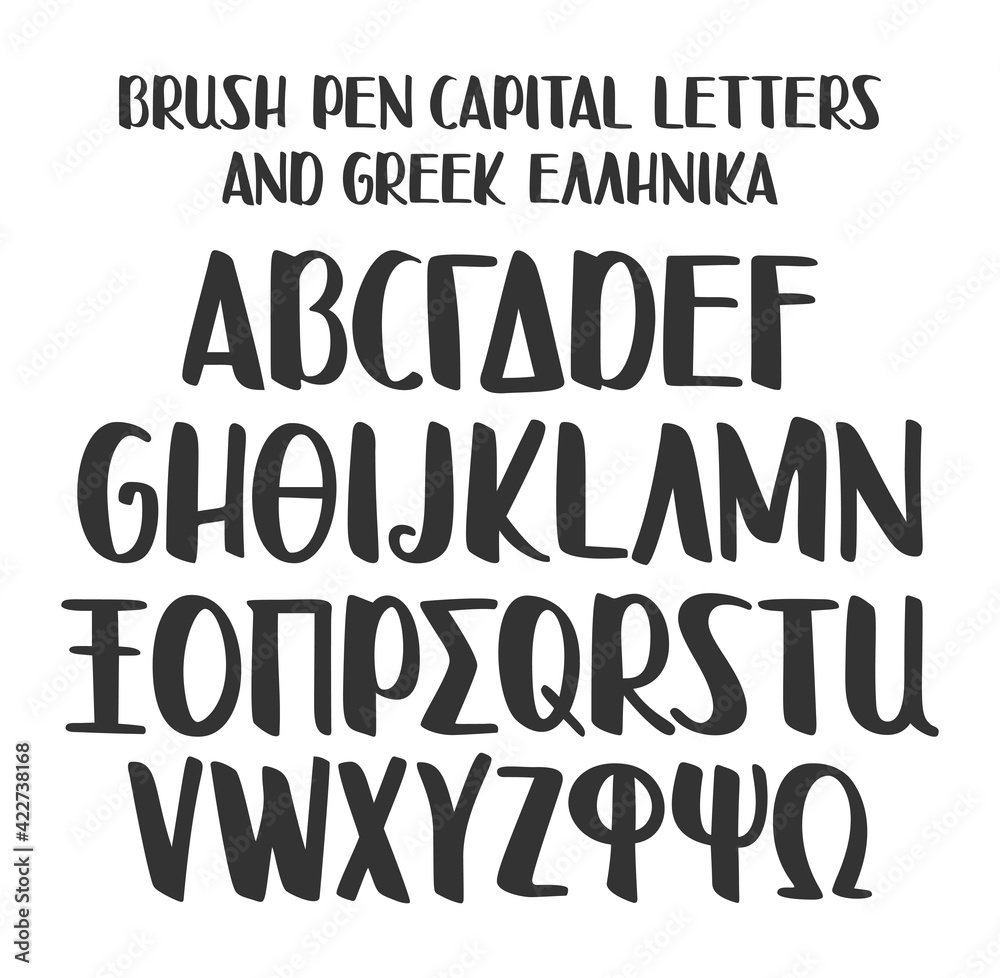 Handwritten alphabet with english and greek characters on white background. Marker pen font. Handwritten marker pen typeface. Vector illustration.