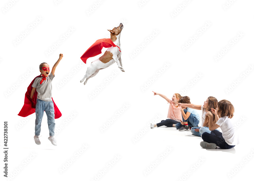 Child pretending to be a superhero with her super dog and friends sitting around