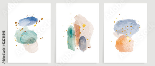 Abstract art background vector. Modern gold shape line art wallpaper.  Minimalist hand painted illustrations with watercolor stain texture for home deco, wall art, Social media story background.