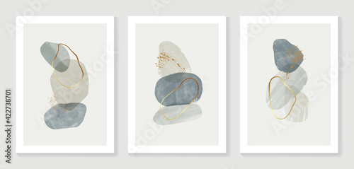 Abstract art background vector. Modern gold shape line art wallpaper.  Minimalist hand painted illustrations with watercolor stain texture for home deco, wall art, Social media story background.