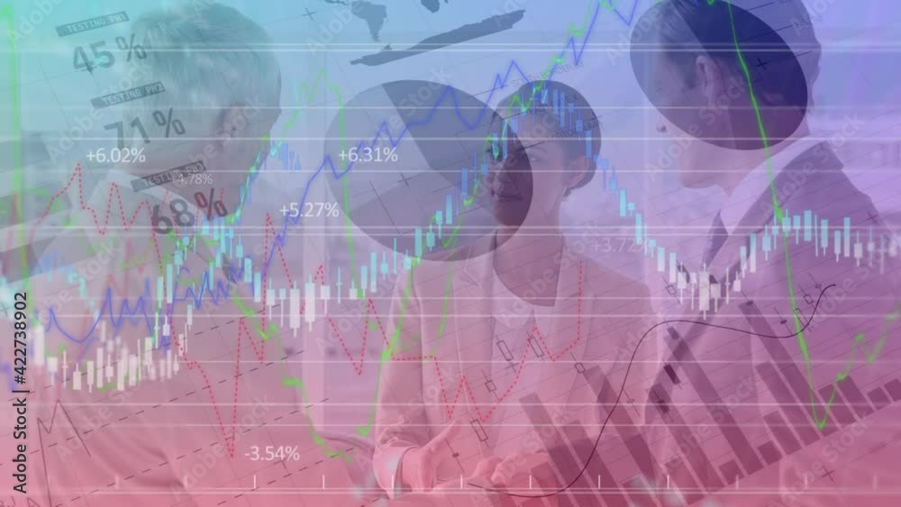 Animation of financial data processing over business people greeting in background Animation of financial data processing over business people greeting in background