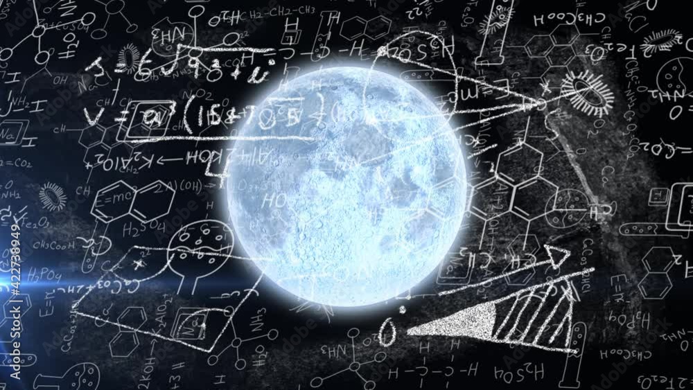 Animation of planet earth with mathematical and scientific formulae on black background