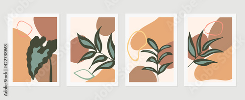Abstract art nature background vector. Modern shape line art wallpaper. Boho foliage botanical leaves watercolor texture design for home deco, wall art, social media post and story background.