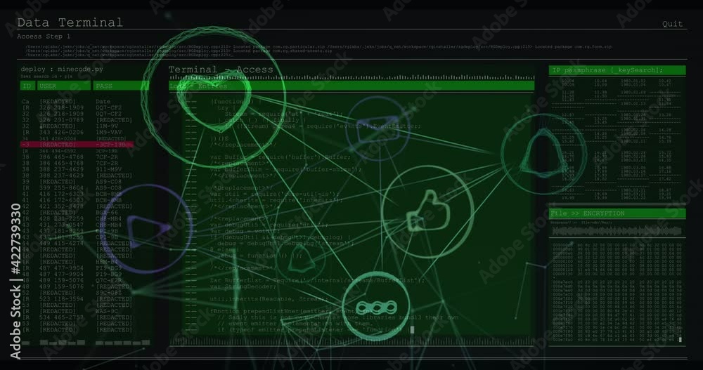 Network of digital icons against computer data processing against black background Network of digital icons against computer data processing against black background