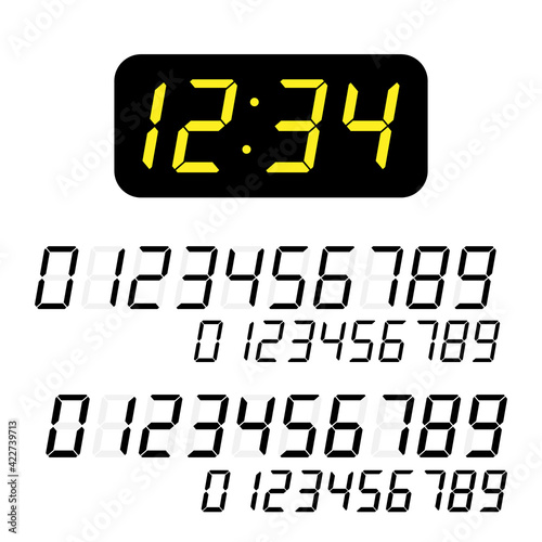 Set of numbers for the dial, displays, digital clock on a white background