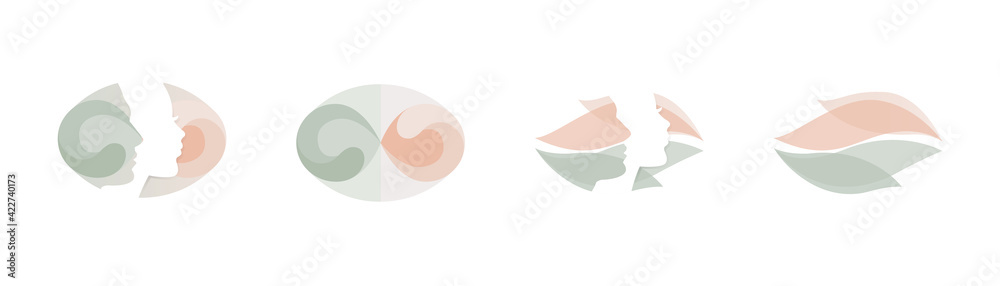 woman and man head profile icon brand logo. concept of gender equality, unity and solidarity. geometric leaf pastel shape. symbol of eternity, balance, yin and yang. vector illustration woman and man head profile icon brand logo. concept of gender equality, unity and solidarity. geometric leaf pastel shape. symbol of eternity, balance, yin and yang. vector illustration