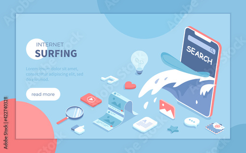 Internet surfing, Online search. Web chat, social media, online education, messenger communication, freelance work, business, news. Isometric vector illustration for banner, website.