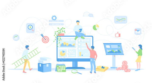 Search engine optimization SEO. Analysis, marketing strategy for website and mobile website. Seo analytics team working together.  Conceptual flat vector illustration for  web and graphic design.