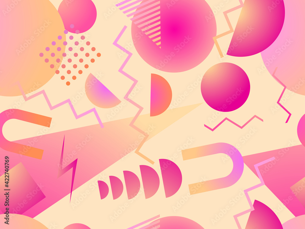 Gradient geometric seamless pattern in 80s style with memphis elements. Synthwave retro background. Retrowave. Background for printing on paper, advertising materials and fabric. Vector illustration Gradient geometric seamless pattern in 80s style with memphis elements. Synthwave retro background. Retrowave. Background for printing on paper, advertising materials and fabric. Vector illustration