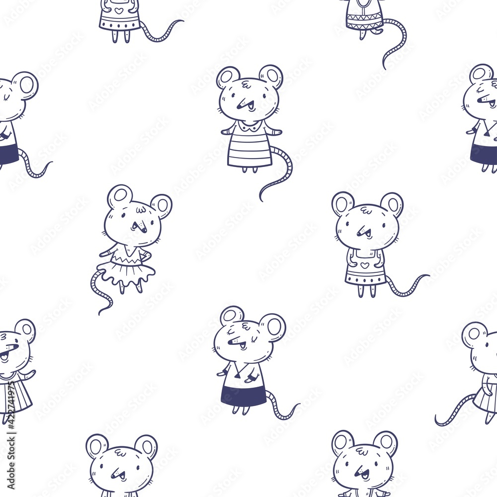 Seamless pattern with cute cartoon mice on white background. Doodle character poster. Vector funny animals wallpaper. Print for children.