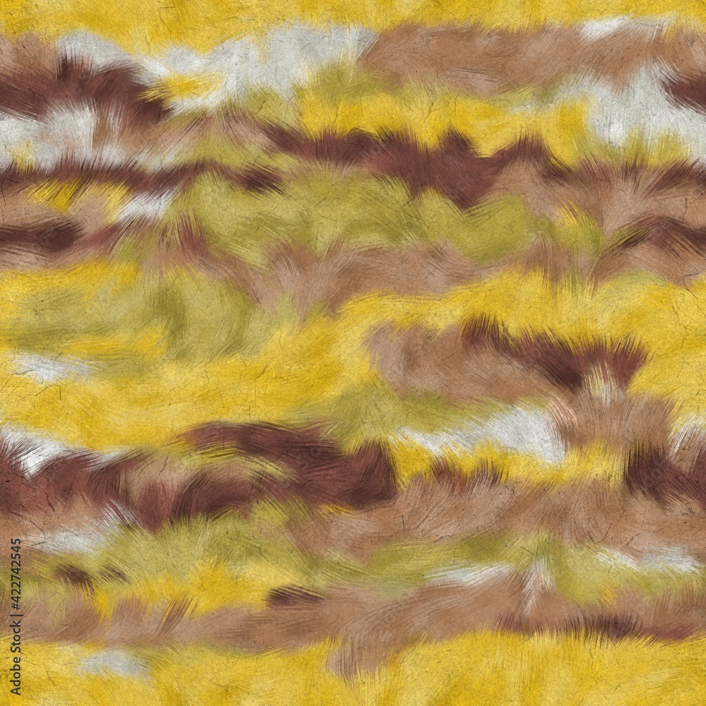 Obraz premium Seamless faux digital paint stroke camo pattern print. High quality illustration. Procedural painting with realistic brush strokes in bright trendy colors in camouflage shapes. Surface design print.