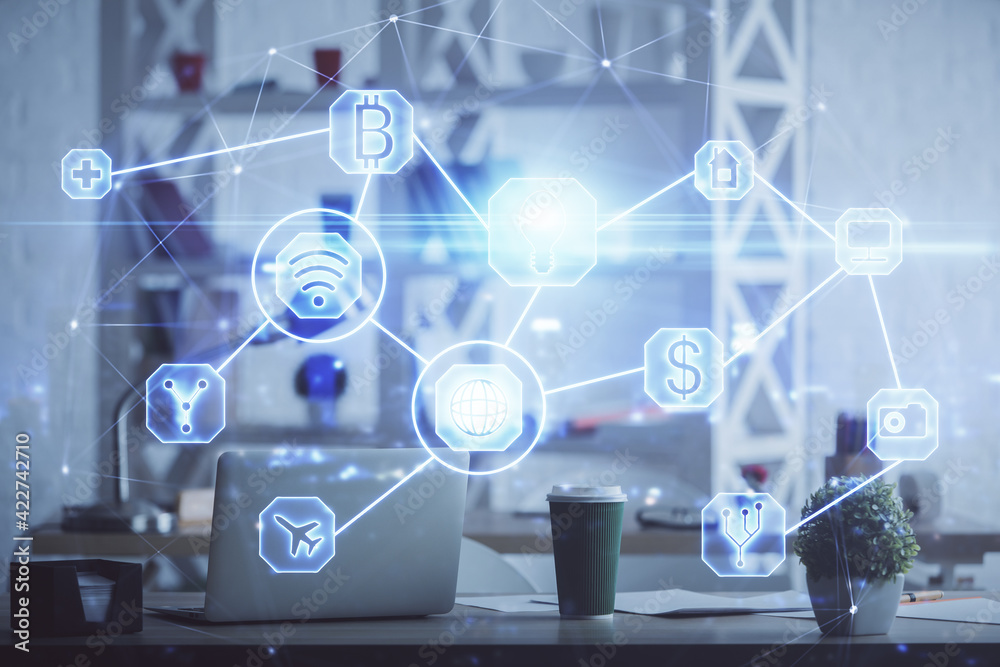 Double exposure of social network theme drawing and office interior background. Concept of web. Double exposure of social network theme drawing and office interior background. Concept of web.