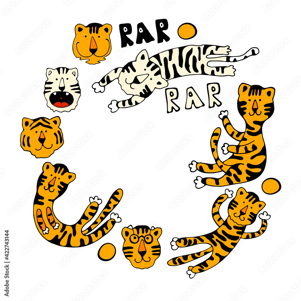 Fototapeta premium Circle of cute tigers. Vector illustration.Wild animal. Symbol of 2022. Cute animal character idea for child and kid printable stuff and t shirt, greeting card, nursery wall art, postcard