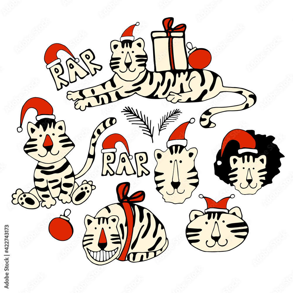 Circle of cute Chrictmas tigers. Vector illustration.Wild animal. Symbol of 2022. Cute animal character idea for child and kid printable stuff and t shirt, greeting card, nursery wall art, postcard. 