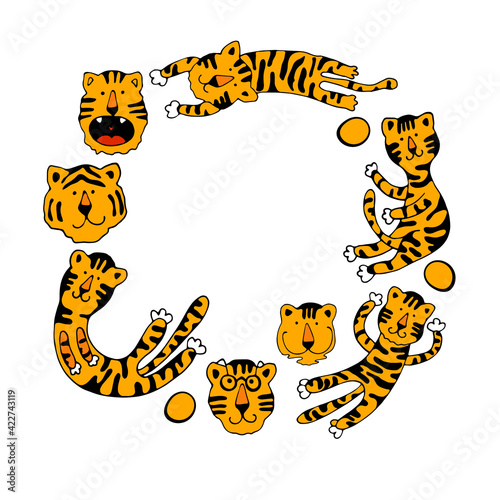 Circle of cute  tigers. Vector illustration.Wild animal. Symbol of 2022. Cute animal character idea for child and kid printable stuff and t shirt, greeting card, nursery wall art, postcard