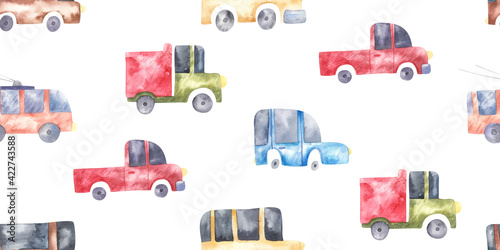 seamless pattern with cars, buses, trucks, cute watercolor childrens illustration