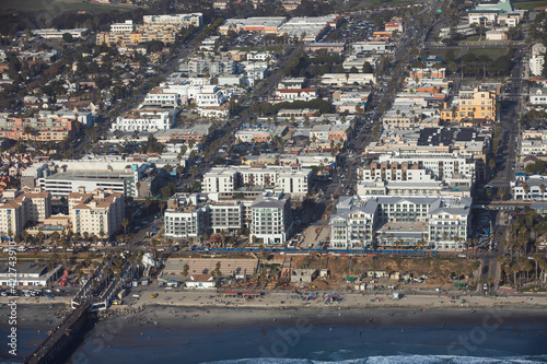 Daytime aerial view of the downtown city area of Oceanside, California, USA.