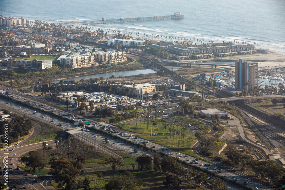 Daytime aerial view of the beach and downtown city area of Oceanside, California, USA.
