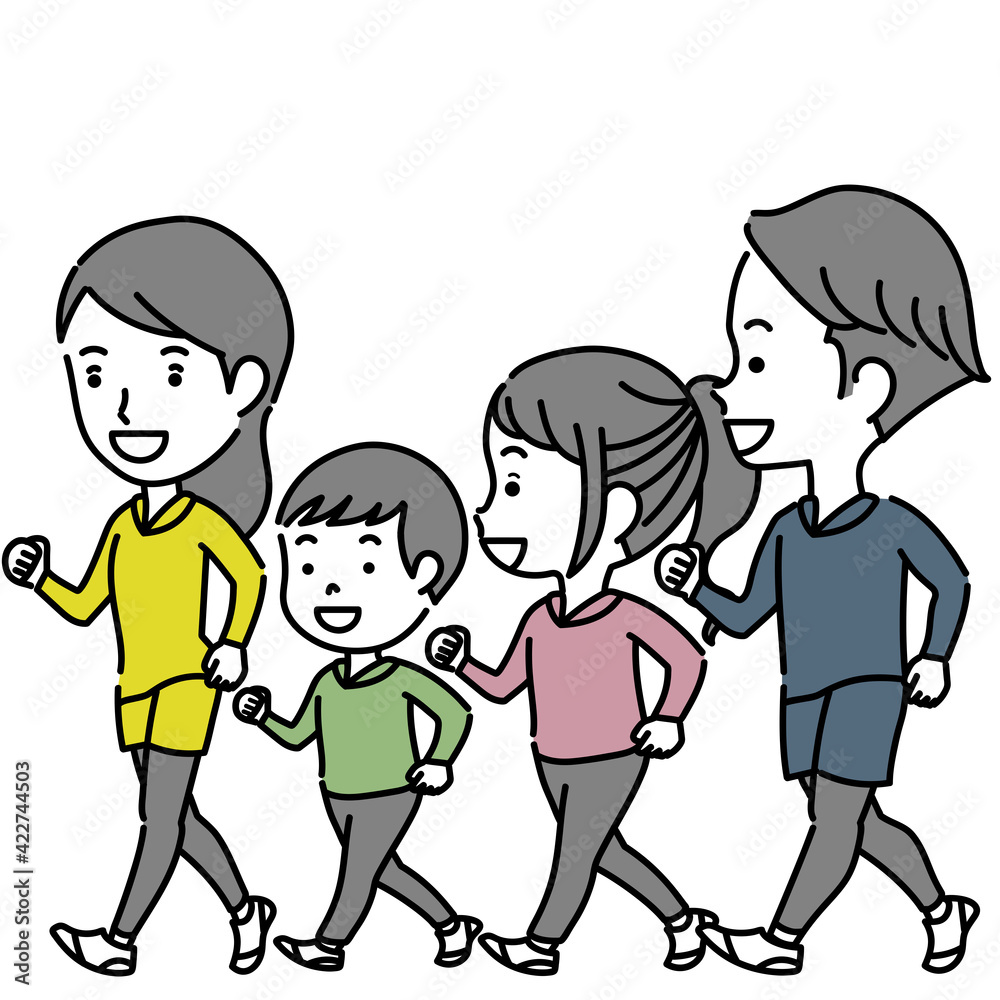 ウォーキングする4人家族イラスト素材