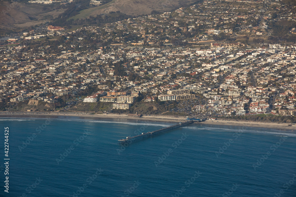 Daytime aerial view of the beach and downtown city area of San Clemente, California, USA.